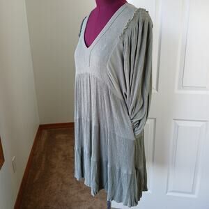 GiGiO Boho Babydoll Mini Skater Dress L green crepe tiered long sleeve pockets